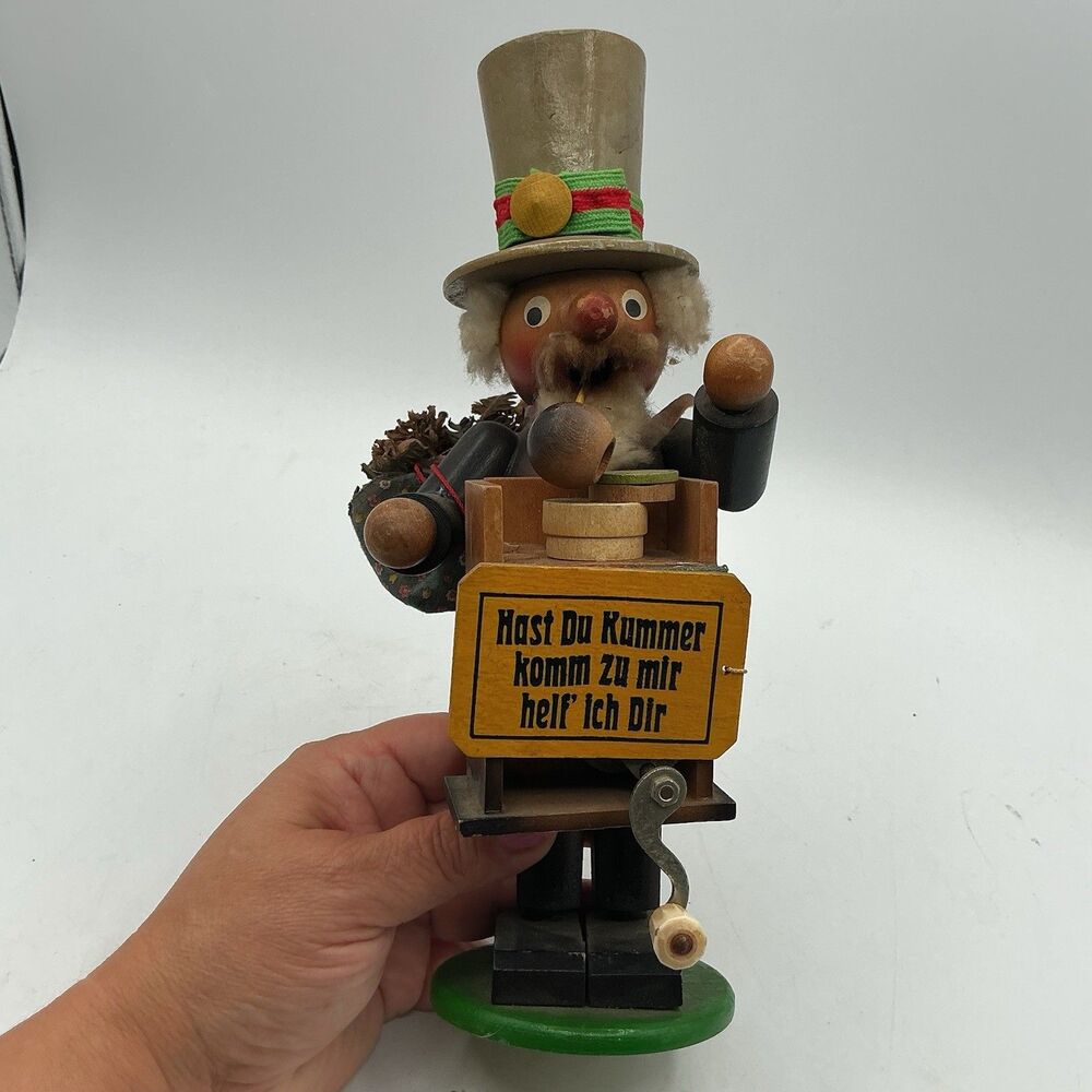 Vintage German Wooden Smoker Music Box Organ Grinder 9.5” Tested Works